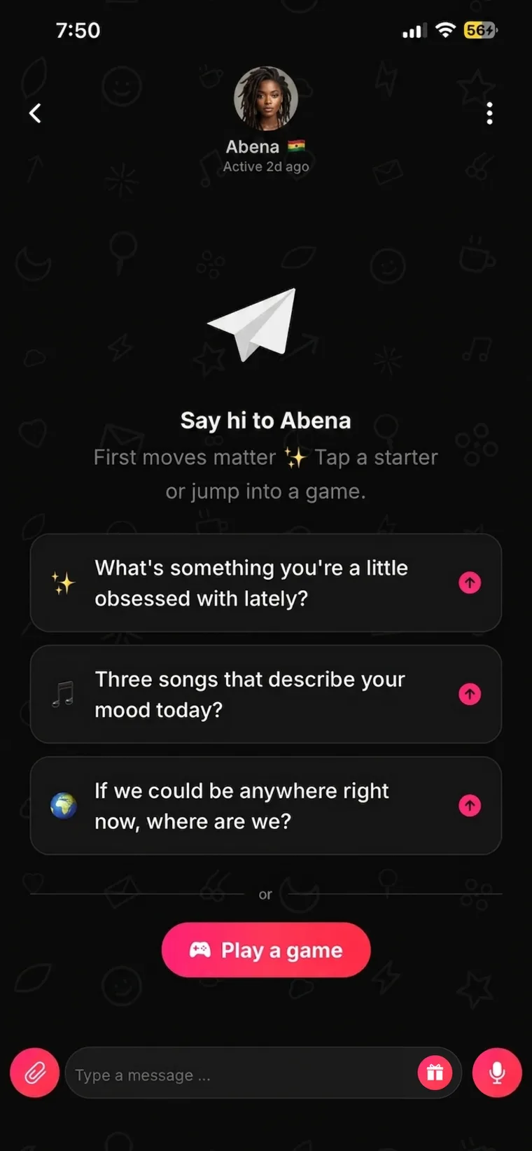 The Luvmood app, sending a first message with starter prompts