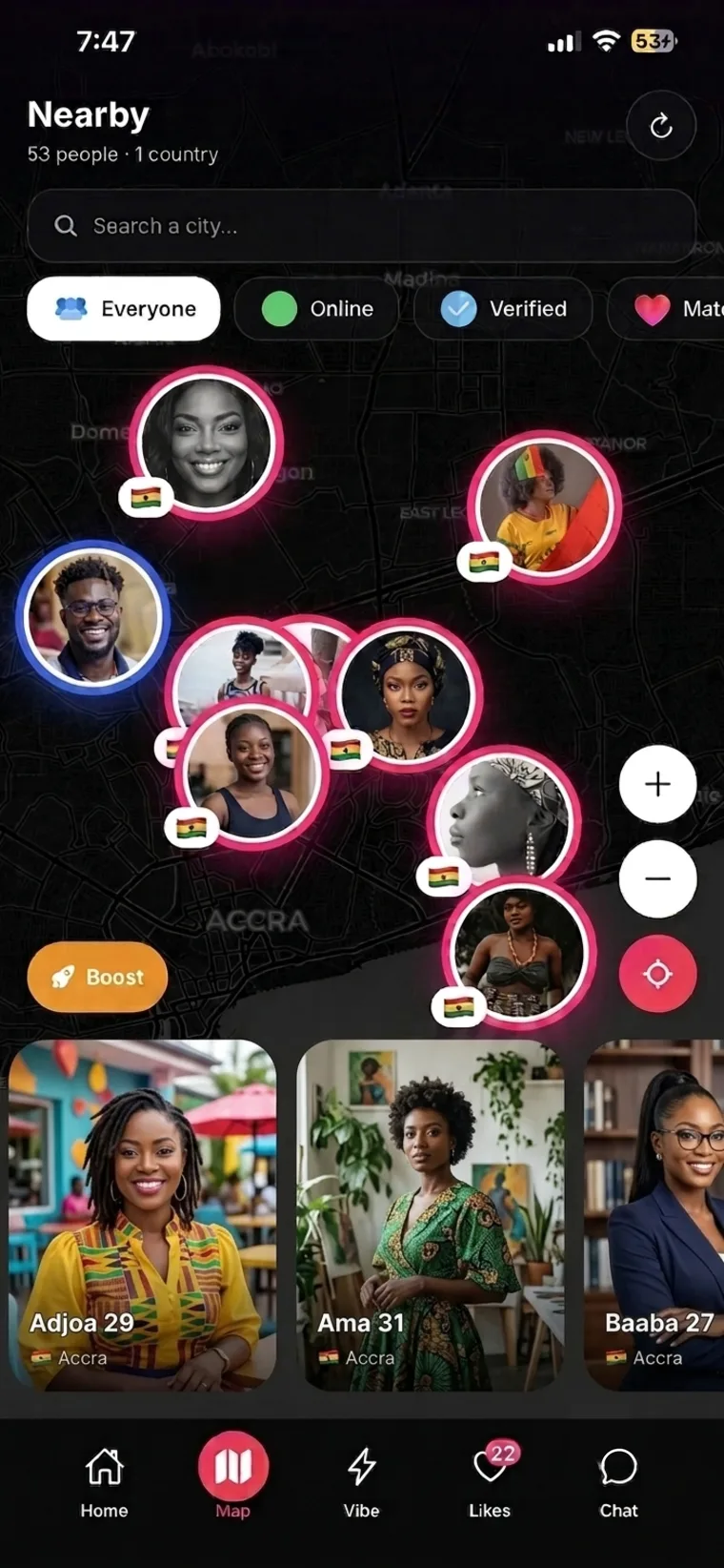 The Luvmood nearby map, verified people around you