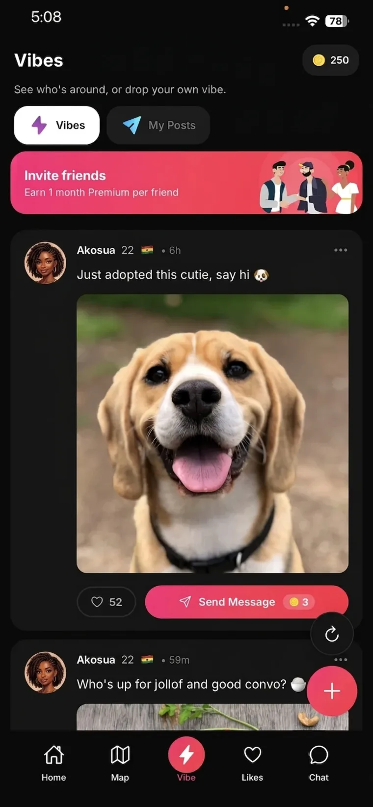 The Luvmood Vibes feed, nearby people sharing what they're up for